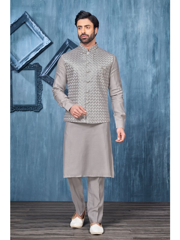 Art Embroidered Banarasi Silk Function Wear Heavy Readymade Men's Kurta Paijama With Jacket 