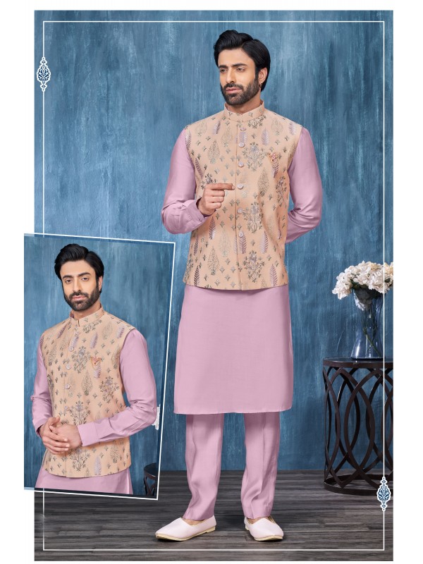 Art Embroidered Banarasi Silk Function Wear Heavy Readymade Men's Kurta Paijama With Jacket 