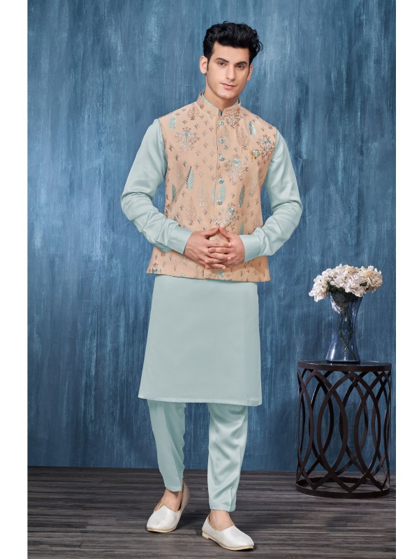 Art Embroidered Banarasi Silk Function Wear Heavy Readymade Men's Kurta Paijama With Jacket 