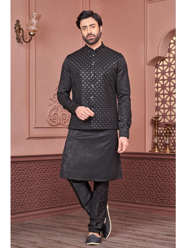 Art Embroidered Banarasi Silk Function Wear Heavy Readymade Men's Kurta Paijama With Jacket 