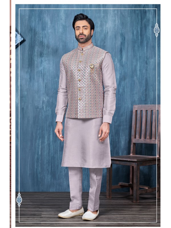 Art Embroidered Banarasi Silk Function Wear Heavy Readymade Men's Kurta Paijama With Jacket 