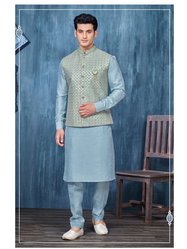 Art Embroidered Banarasi Silk Function Wear Heavy Readymade Men's Kurta Paijama With Jacket 