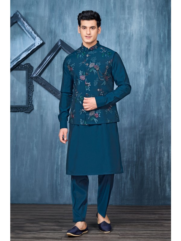 Art Embroidered Banarasi Silk Function Wear Heavy Readymade Men's Kurta Paijama With Jacket 