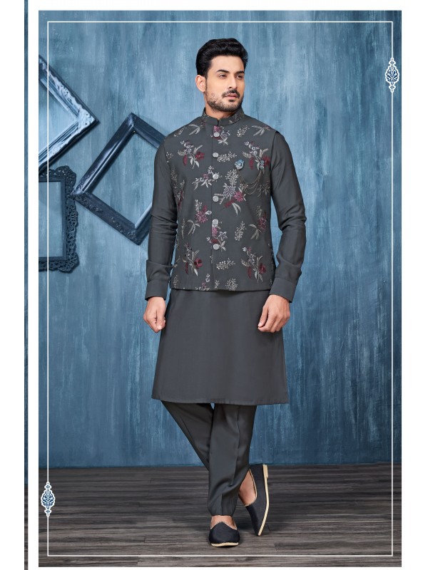 Art Embroidered Banarasi Silk Function Wear Heavy Readymade Men's Kurta Paijama With Jacket 