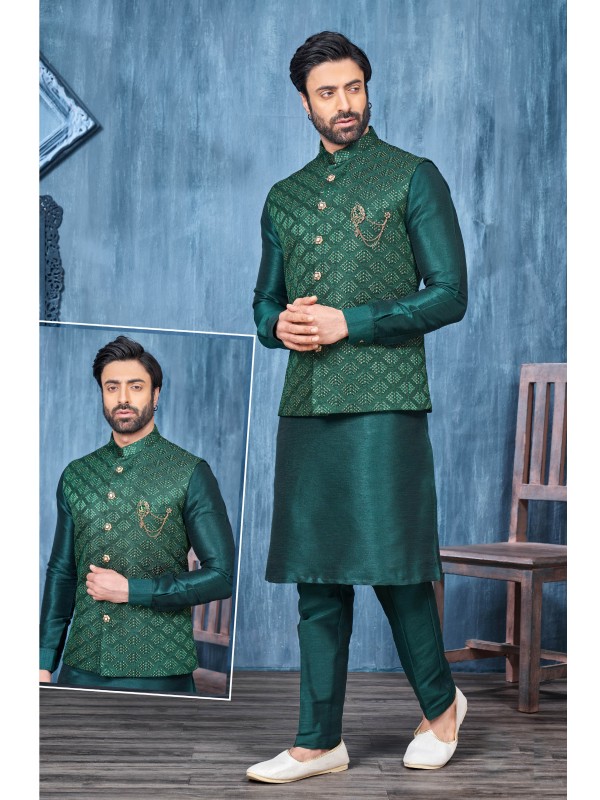 Art Embroidered Banarasi Silk Function Wear Heavy Readymade Men's Kurta Paijama With Jacket 