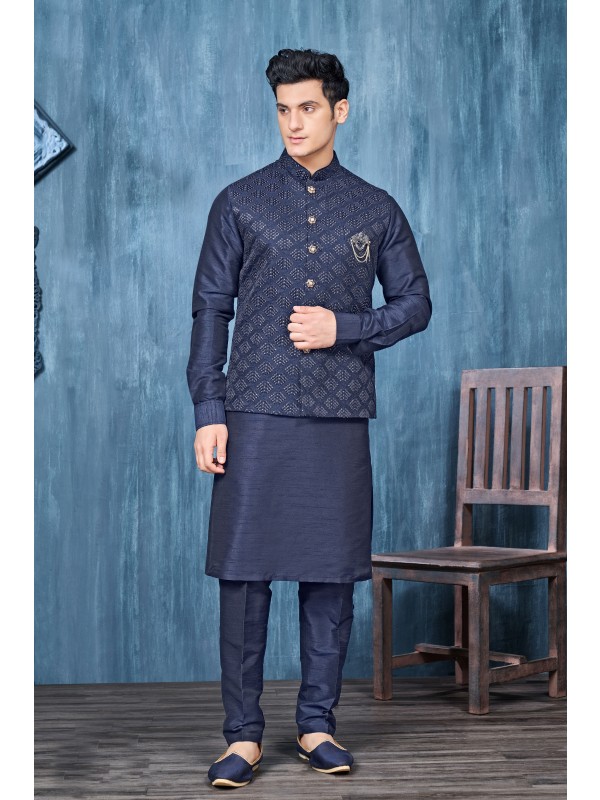 Art Embroidered Banarasi Silk Function Wear Heavy Readymade Men's Kurta Paijama With Jacket 