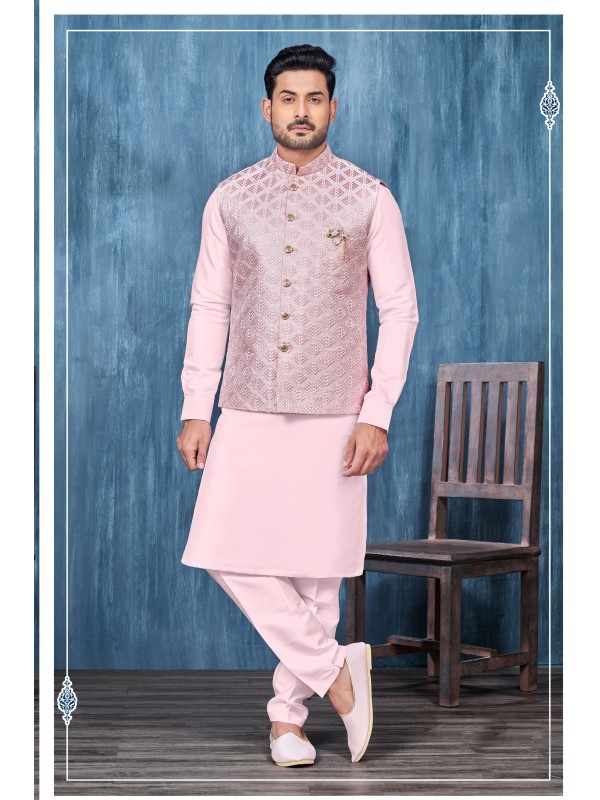 Art Embroidered Banarasi Silk Function Wear Heavy Readymade Men's Kurta Paijama With Jacket 