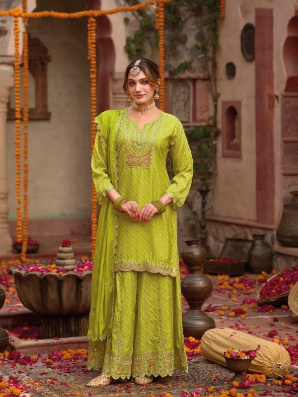 Pure Chinon Silk Party Wear Sharara in Lemon Green Color with Embroidery Work