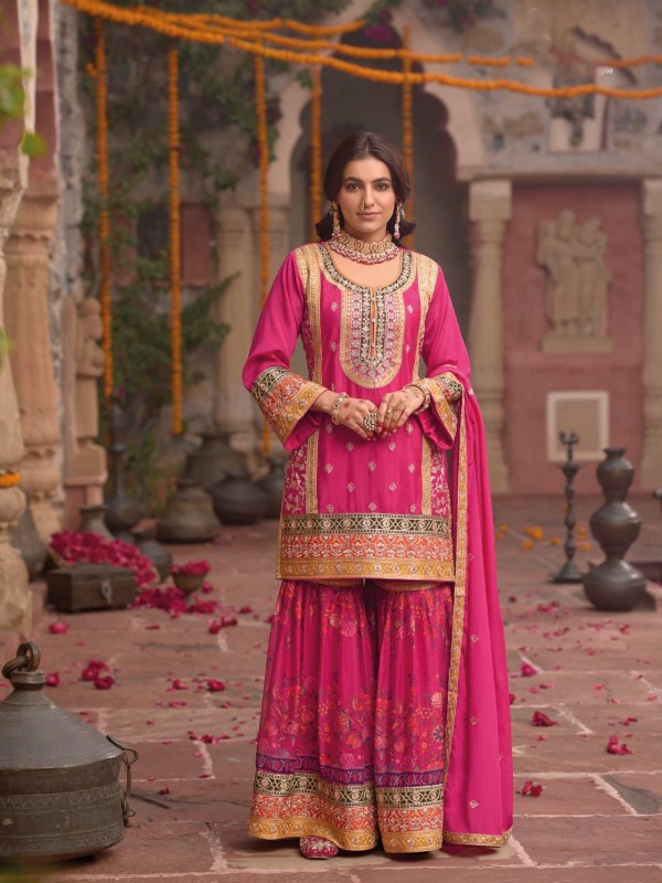 Pure Chinon Silk Party Wear Sharara in Pink Color with Embroidery Work