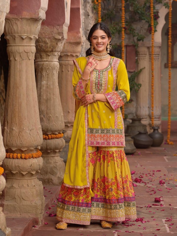 Pure Chinon Silk Party Wear Sharara in Yellow Color with Embroidery Work