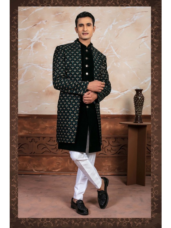 Velvet Fabric IndoWestern Ready Made Dress in Black with Embroidery Work 