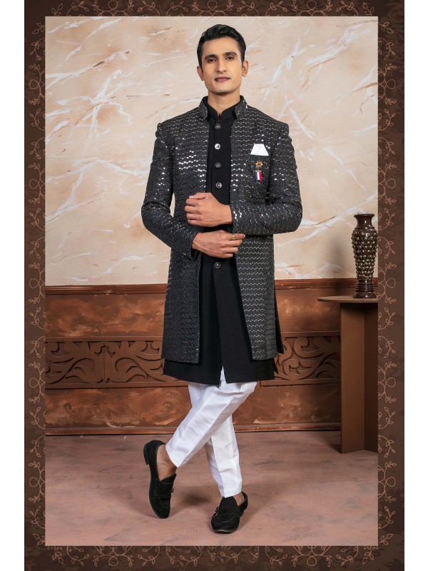 Heavy Imparted Silk Fabric IndoWestern Ready Made Dress in Black with Sequence Work 