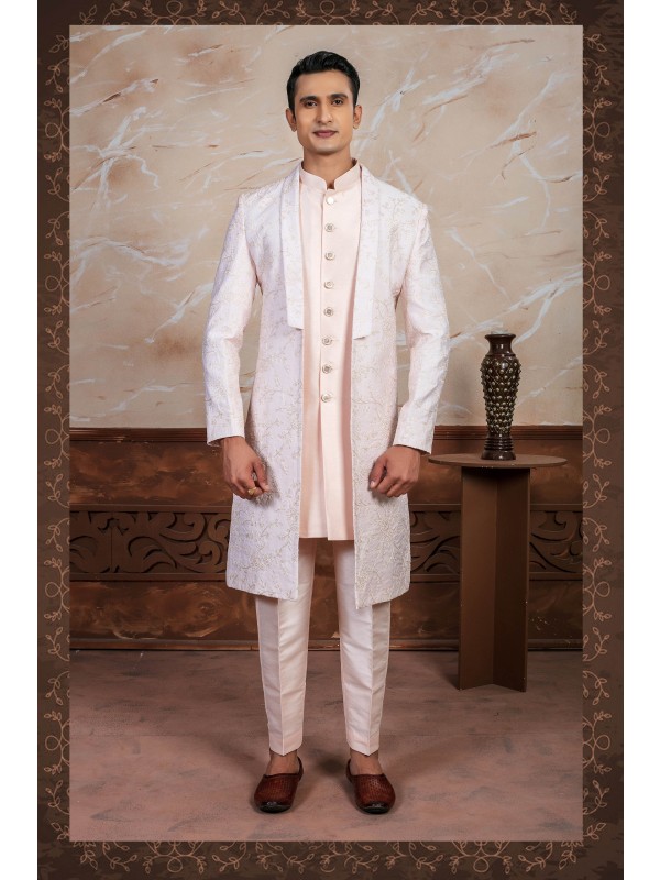 Pure Silk Fabric IndoWestern Ready Made Dress in Off white with Embroidery Work 