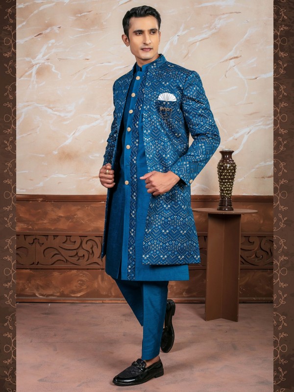 Pure Silk Fabric IndoWestern Ready Made Dress in Peacock Rama with Embroidery Work 