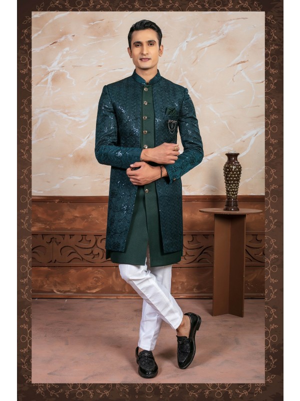 Jecquard Embroidery Fabric IndoWestern Ready Made Dress in Green color with Embroidery Work 