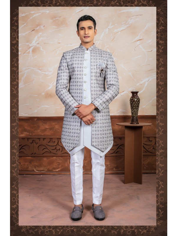 Pure Silk Fabric IndoWestern Ready Made Dress in Grey color with Embroidery Work 