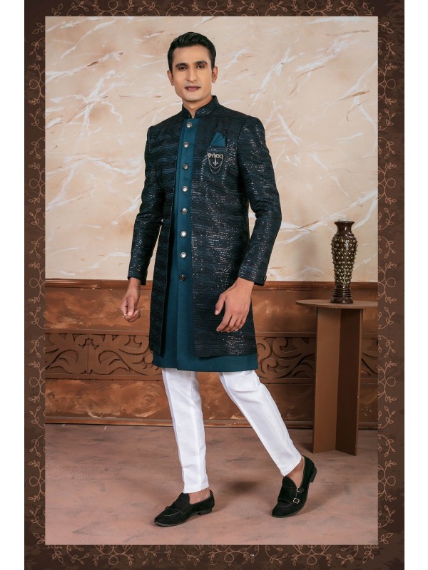 Pure Silk Fabric IndoWestern Ready Made Dress in Peacock Rama color with Embroidery Work 
