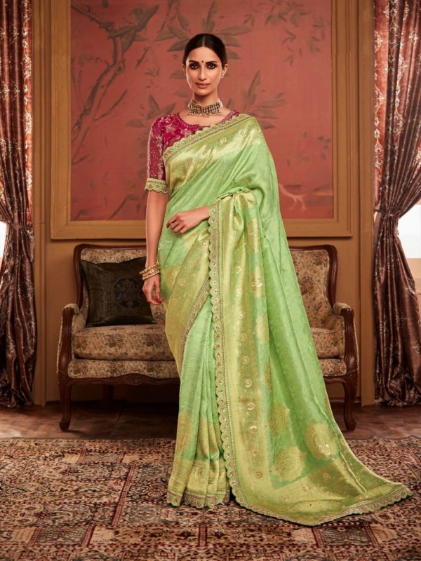 Pure Dola Silk Party Wear Saree In Green Color With Embroidery Work 
