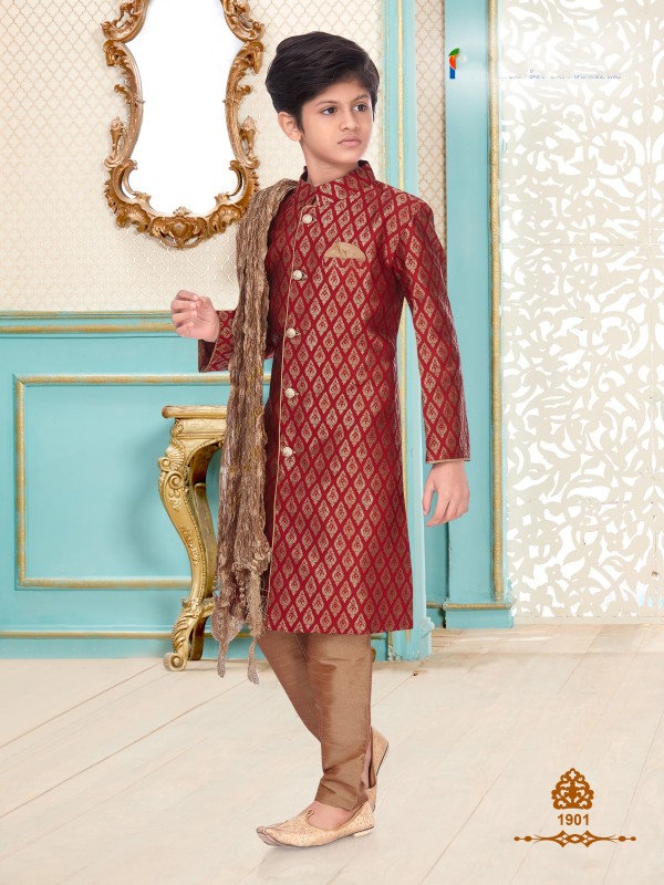 Banarasi Silk Wedding Wear Readymade Kids Kurta set in Maroon 
