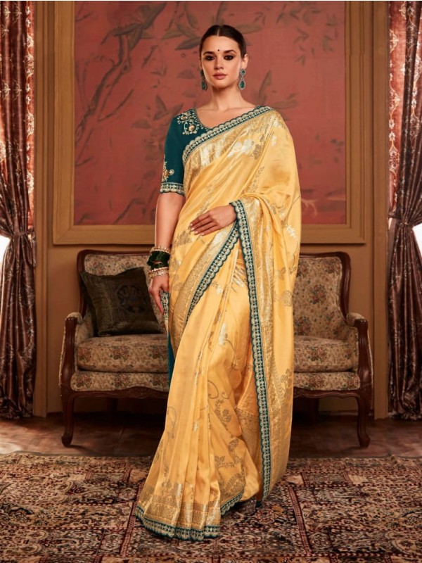 Pure Dola Silk Party Wear Saree In  Cream Color With Embroidery Work 