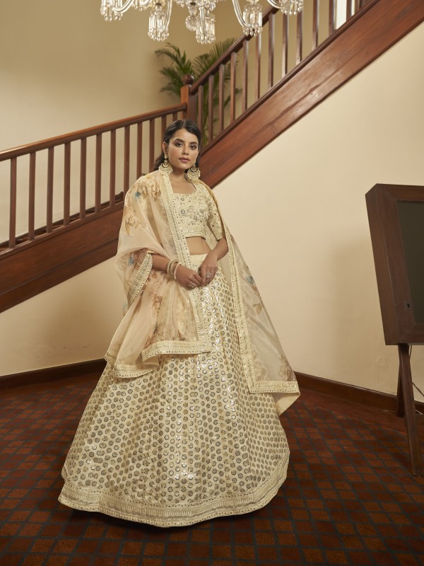 Soft Silk  Party Wear Lehenga In Cream With Embroidery Work