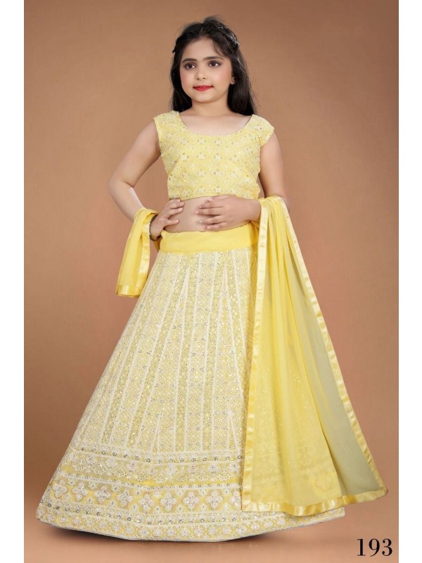 Georgette  Party Wear Kids Lehenga In  Yellow With Embroidery Work 