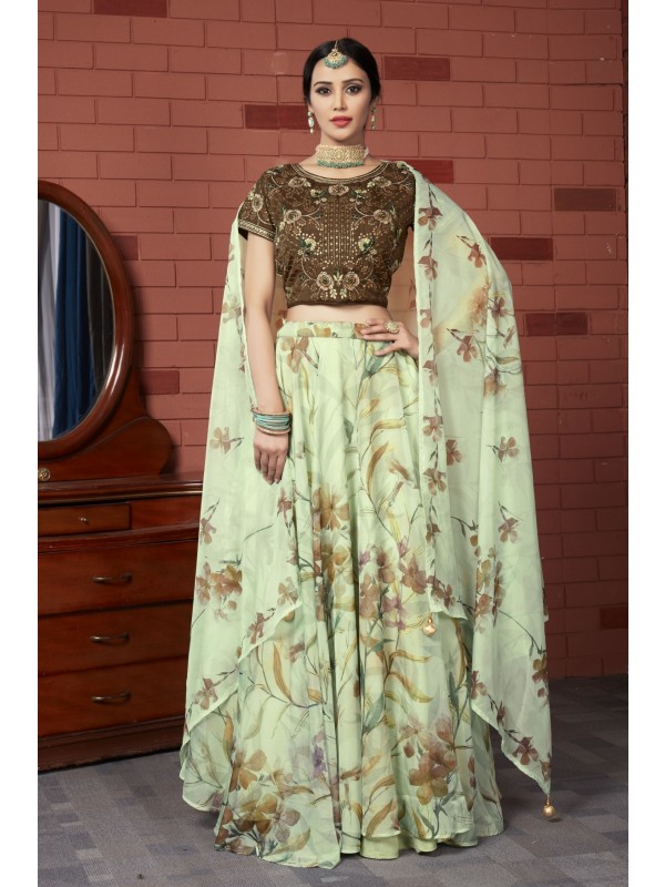 Organza Silk  Fabrics Party Wear Lehenga in Green Color With Embroidery  