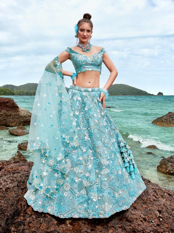 Pure Organza Silk Lehenga In Sky Color With Embroidery Work 