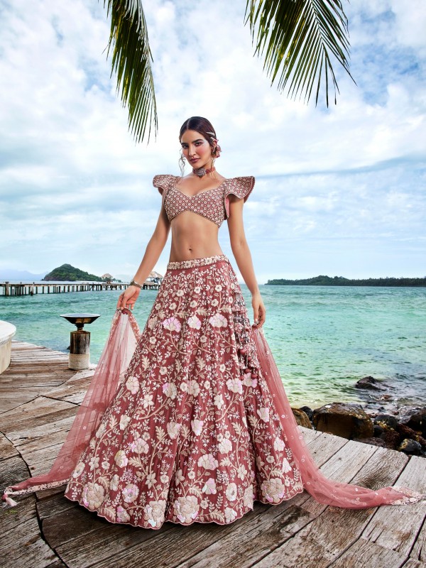 Pure Chinon Silk Lehenga In Rose Gold Color With Embroidery Work 
