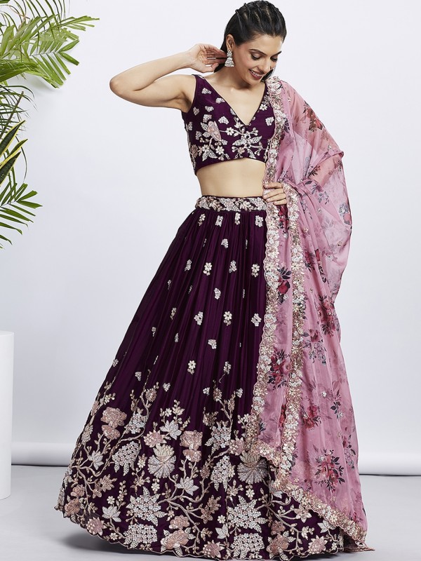 Pure Georgette Lehenga In Burgundy Color With Embroidery Work & Sequence Work  
