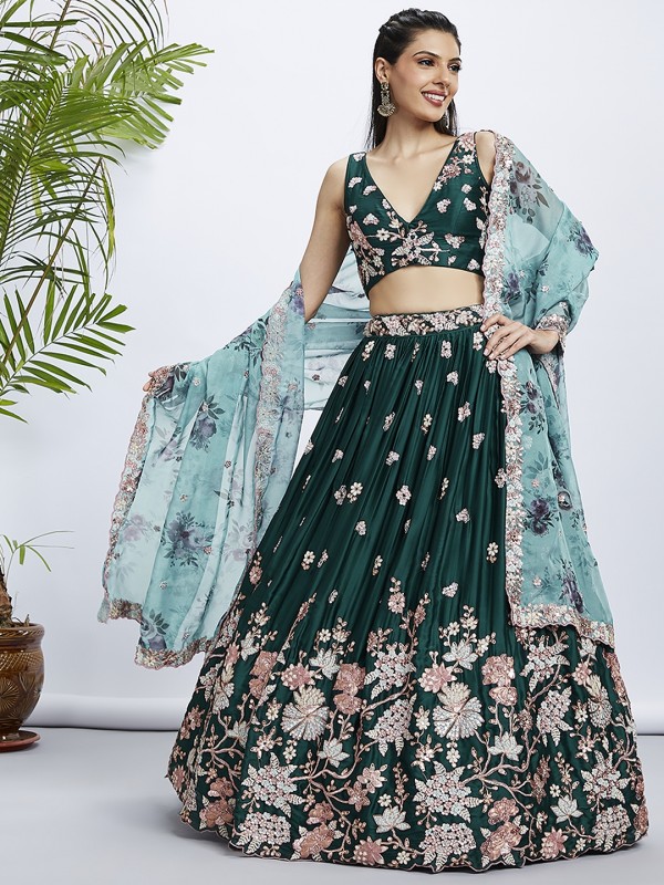 Pure Georgette Lehenga In Green Color With Embroidery Work & Sequence Work  