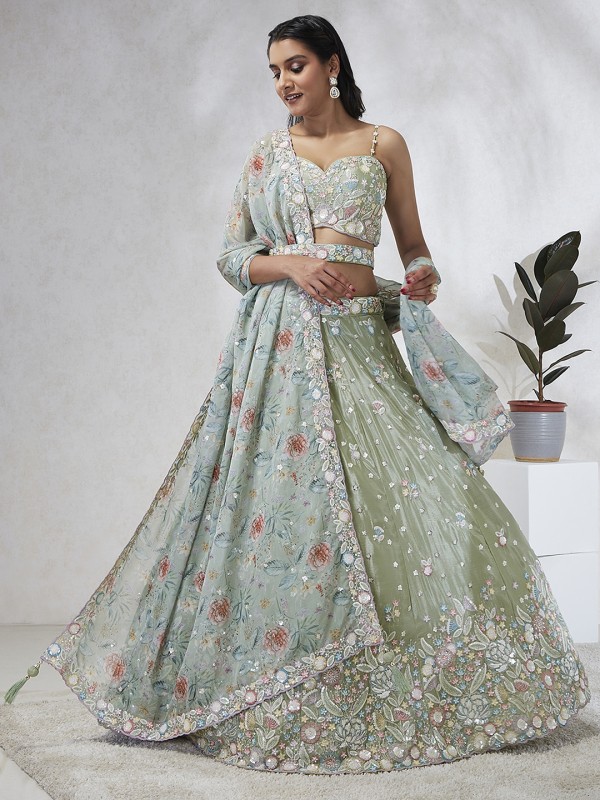 Pure Chiffon Lehenga In Lime Green Color With Embroidery Work & Sequence Work  