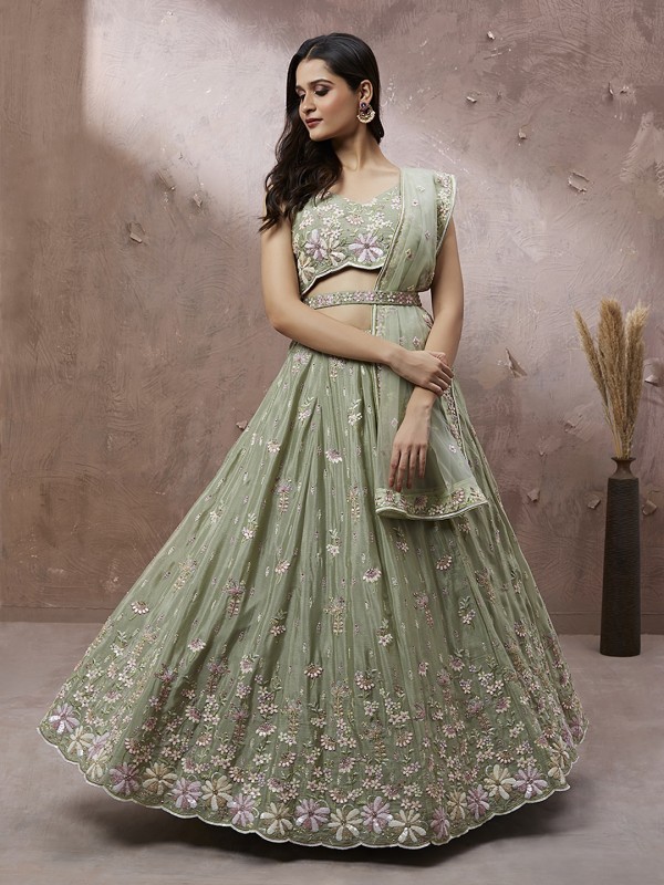 Pure Georgette Party Wear Wear Lehenga In Lime Green Color With Embroidery Work 
