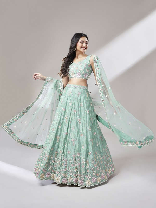 Pure Georgette Party Wear Wear Lehenga In Sea Green Color With Embroidery Work 