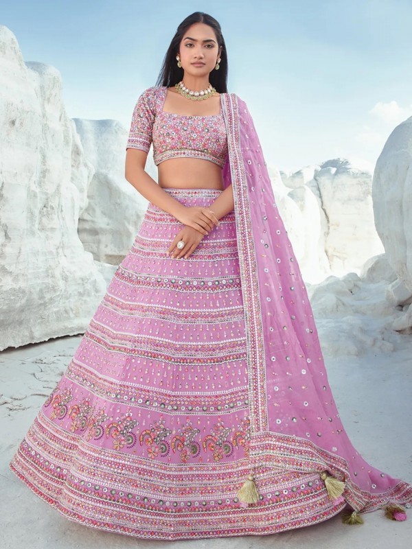 Pure Georgette Fabric Wedding Wear Lehenga In Pink Color With Embroidery Work    