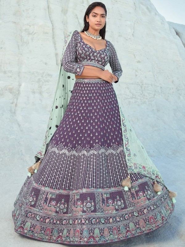 Pure Georgette Fabric Wedding Wear Lehenga In Wine Color With Embroidery Work    