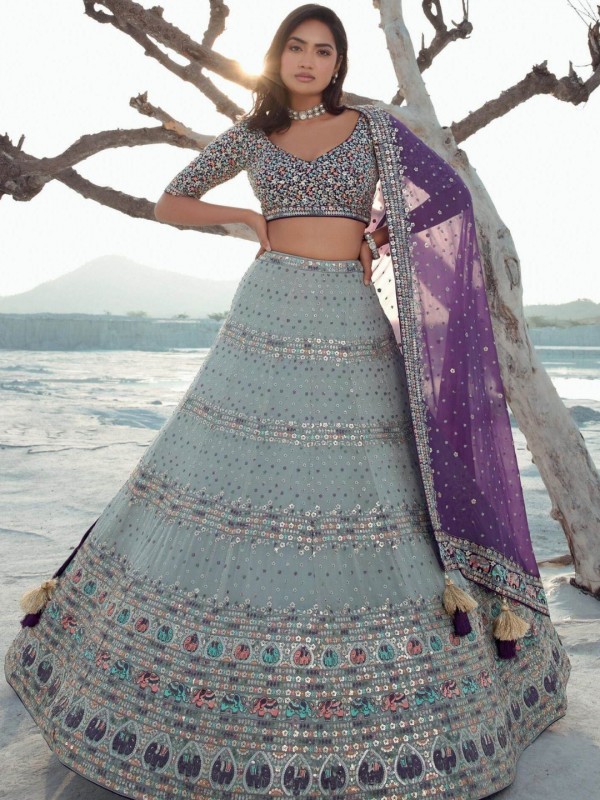 Pure Georgette Fabric Wedding Wear Lehenga In Grey Color With Embroidery Work    