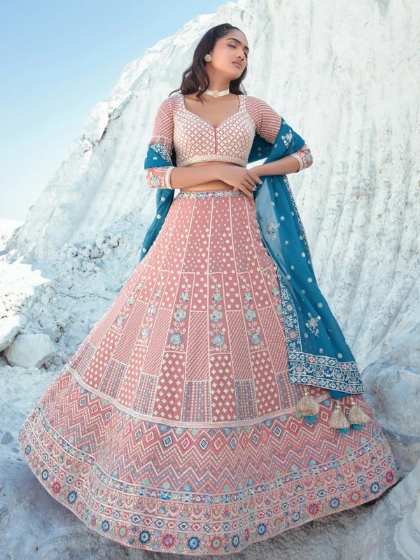 Pure Georgette Fabric Wedding Wear Lehenga In Peach Color With Embroidery Work    