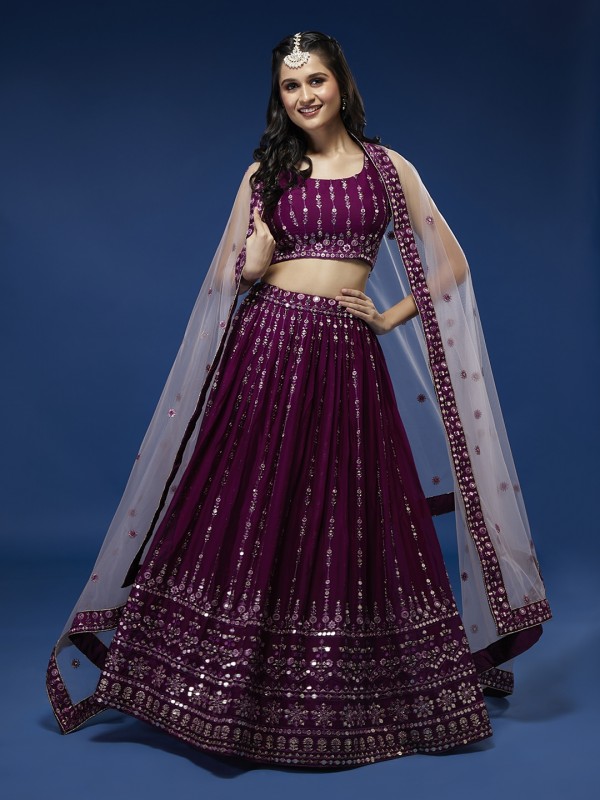 Pure Geogratte Party Wear Wear Lehenga In Burgundy Color With Embroidery Work 