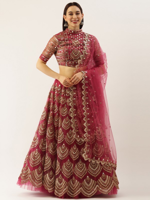 Soft Premium Net Party Wear Wear Lehenga In Olive Pink Color With Embroidery Work 