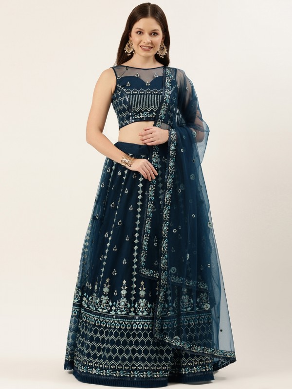 Soft Premium Net Party Wear Wear Lehenga In Navy Blue Color With Embroidery Work 