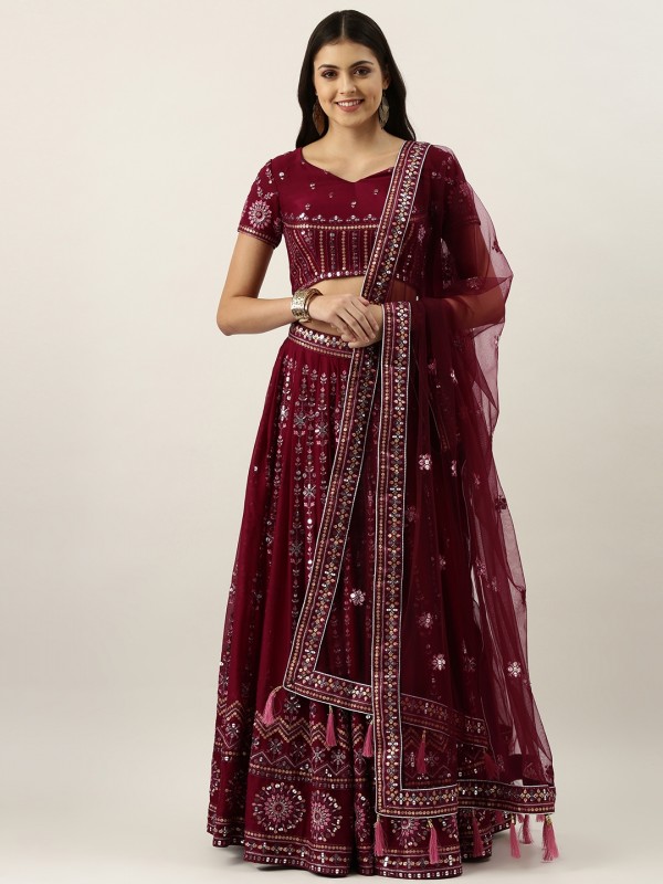 Pure Geogratte Party Wear Wear Lehenga In Burgundy Color With Embroidery Work 