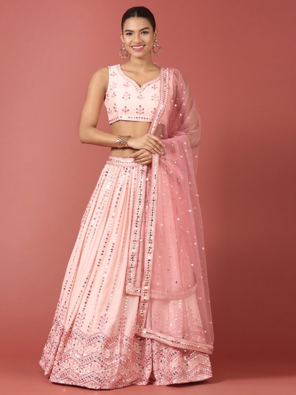 Pure Georgette Party Wear Wear Lehenga In Peach Color With Embroidery Work 