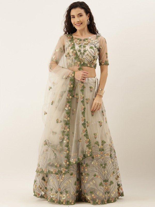 Soft Premium Net Party Wear Wear Lehenga In Grey Color With Embroidery Work 