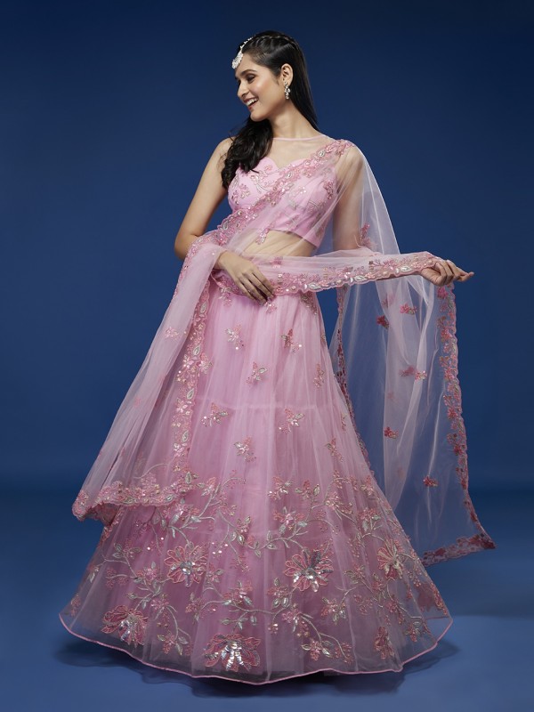 Soft Premium Net Party Wear Wear Lehenga In Pink Color With Embroidery Work 