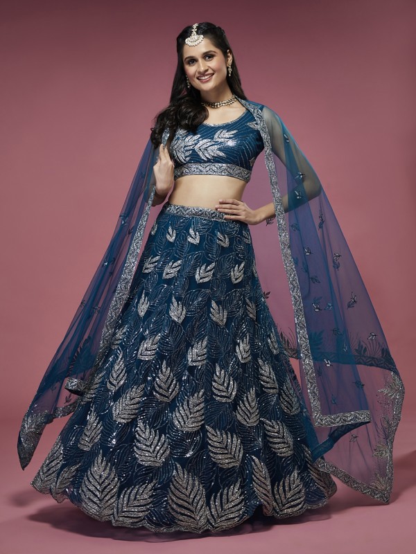 Soft Premium Net Party Wear Wear Lehenga In Navy Blue Color With Embroidery Work 