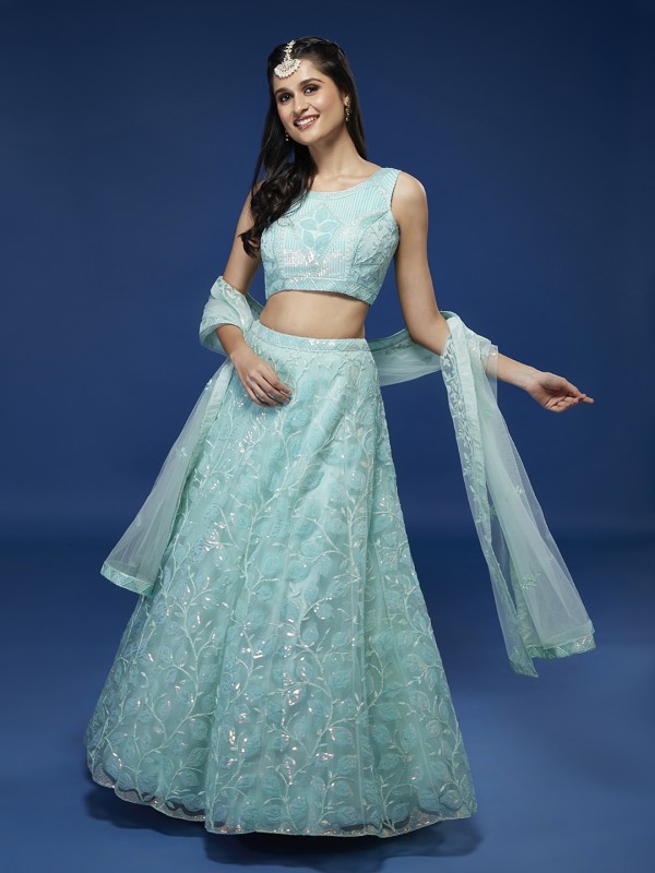 Soft Premium Net Party Wear Wear Lehenga In Turquoise Color With Embroidery Work 