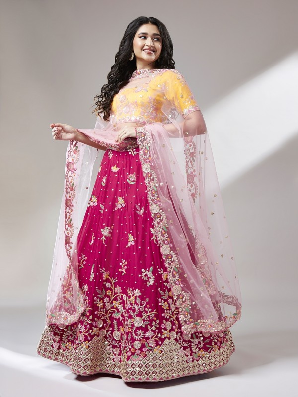 Pure Geogratte Party Wear Wear Lehenga In Pink With Embroidery Work 