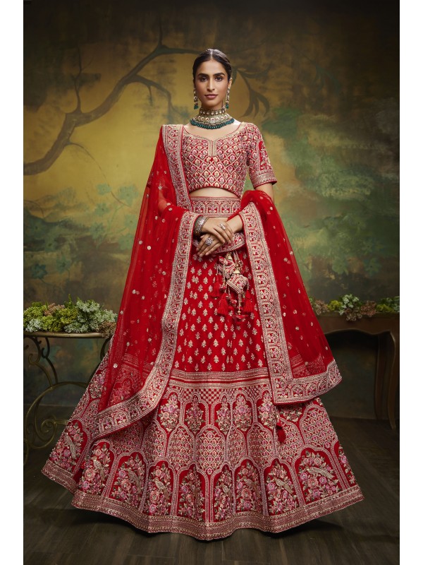 Pure Silk Party Wear Wear Lehenga In Red With Embroidery Work 