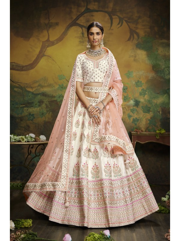 Pure Silk Party Wear Wear Lehenga In Off White With Embroidery Work 
